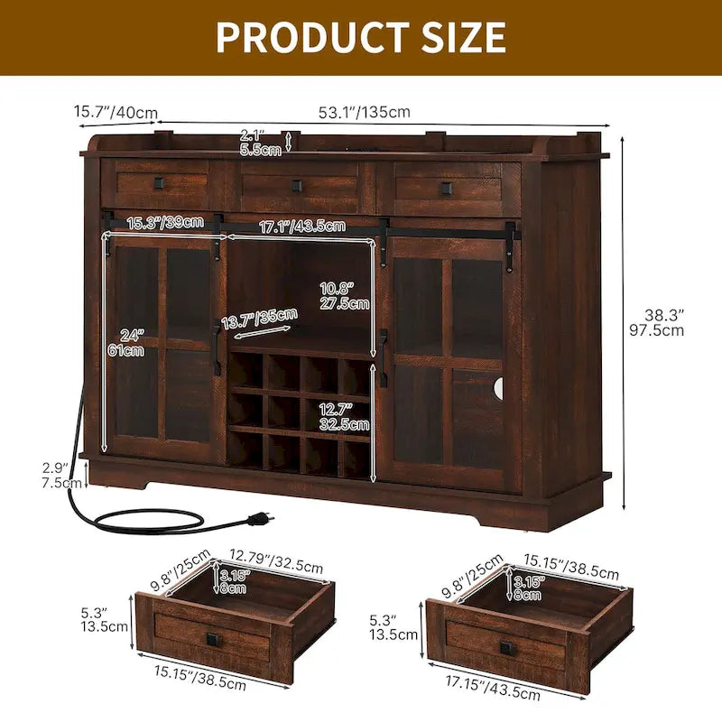 53 Barn Door Buffet Coffee Bar Cabinet with Wine Rack, Kitchen Sideboard Storage Cabinet