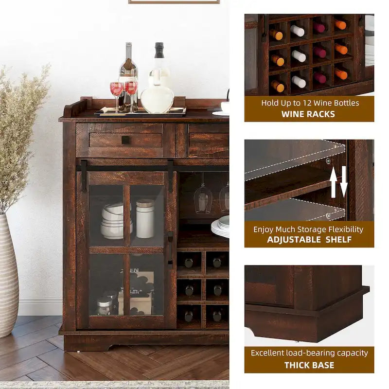 53 Barn Door Buffet Coffee Bar Cabinet with Wine Rack, Kitchen Sideboard Storage Cabinet