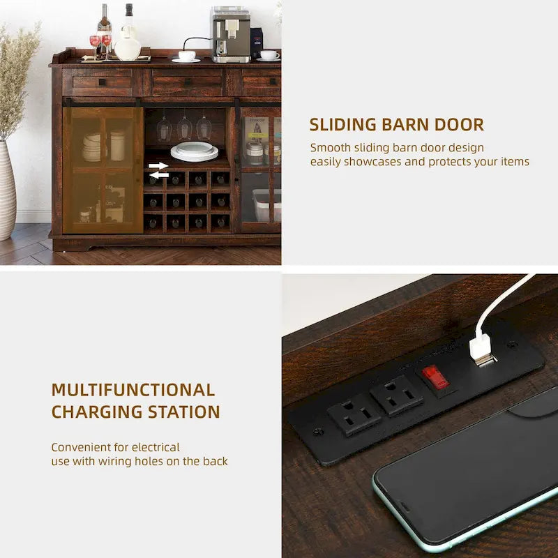 53 Barn Door Buffet Coffee Bar Cabinet with Wine Rack, Kitchen Sideboard Storage Cabinet