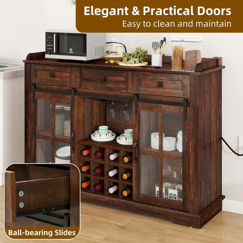 53 Barn Door Buffet Coffee Bar Cabinet with Wine Rack, Kitchen Sideboard Storage Cabinet