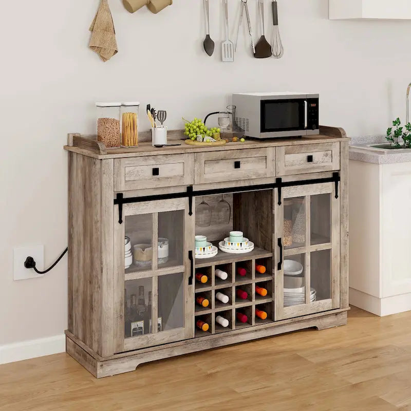 53 Barn Door Buffet Coffee Bar Cabinet with Wine Rack, Kitchen Sideboard Storage Cabinet