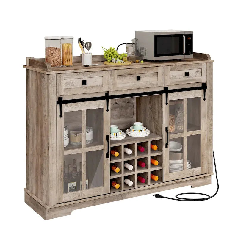 53 Barn Door Buffet Coffee Bar Cabinet with Wine Rack, Kitchen Sideboard Storage Cabinet