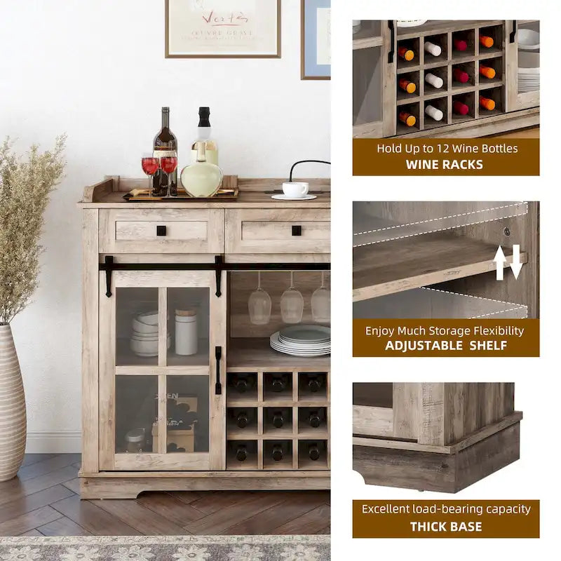 53 Barn Door Buffet Coffee Bar Cabinet with Wine Rack, Kitchen Sideboard Storage Cabinet