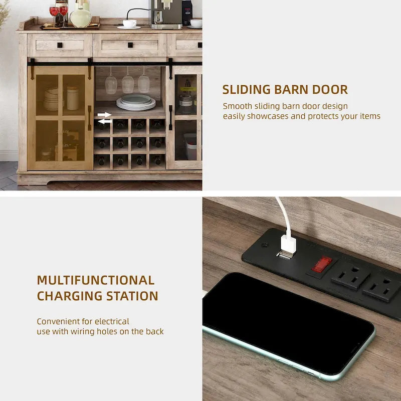 53 Barn Door Buffet Coffee Bar Cabinet with Wine Rack, Kitchen Sideboard Storage Cabinet