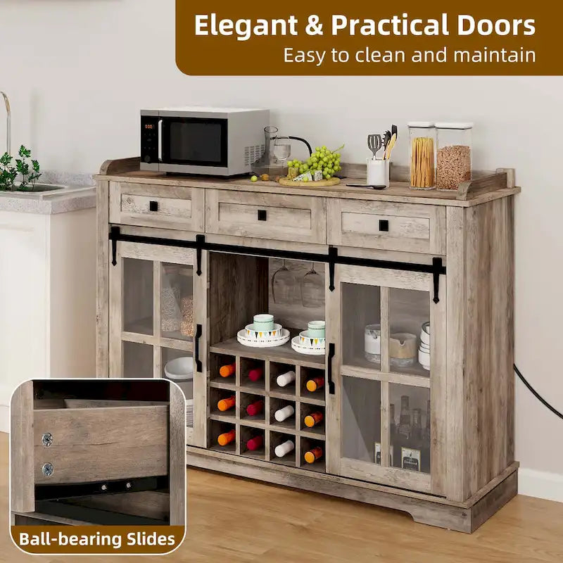 53 Barn Door Buffet Coffee Bar Cabinet with Wine Rack, Kitchen Sideboard Storage Cabinet