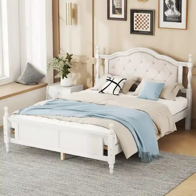 Queen Size Bed with Upholstered Headboard and Footboard, with Two Bed Rail Support Feet and Central Platform Support Feet