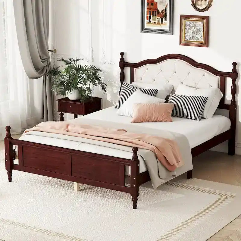 Queen Size Bed with Upholstered Headboard and Footboard, with Two Bed Rail Support Feet and Central Platform Support Feet