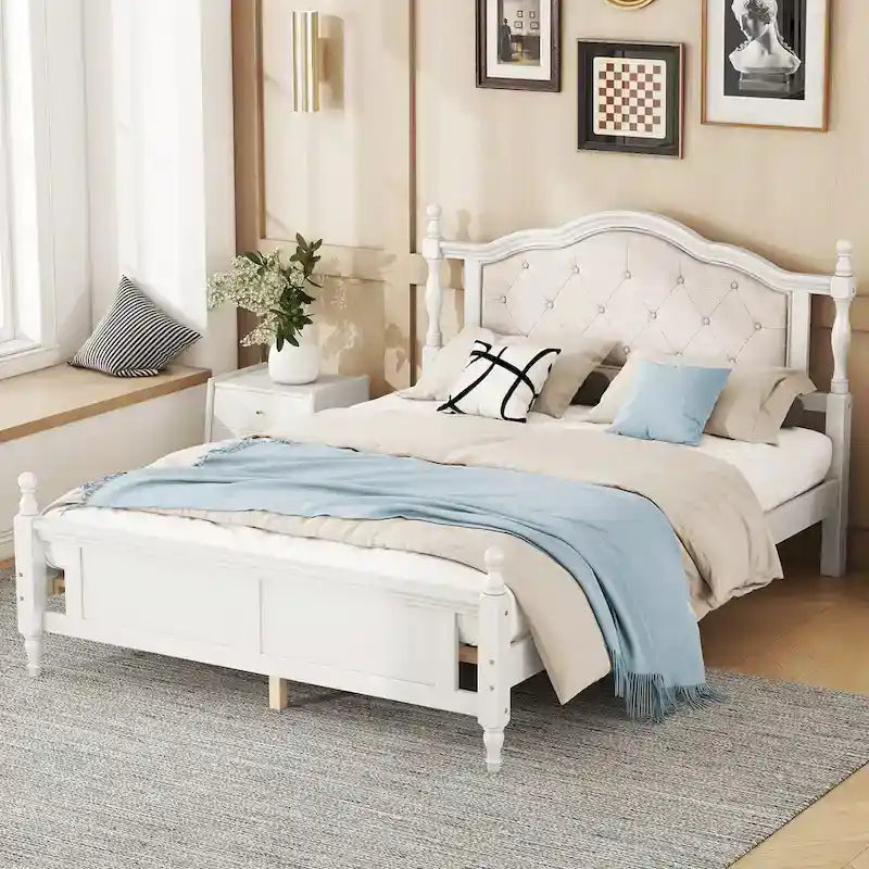 Queen Size Bed with Upholstered Headboard and Footboard, with Two Bed Rail Support Feet and Central Platform Support Feet