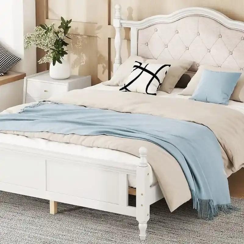 Queen Size Bed with Upholstered Headboard and Footboard, with Two Bed Rail Support Feet and Central Platform Support Feet