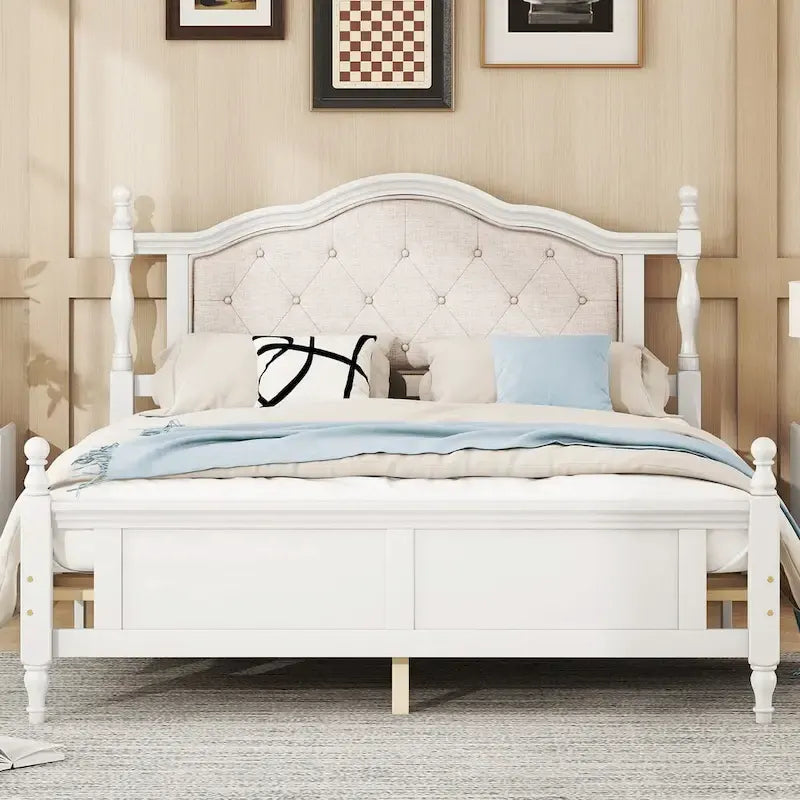 Queen Size Bed with Upholstered Headboard and Footboard, with Two Bed Rail Support Feet and Central Platform Support Feet