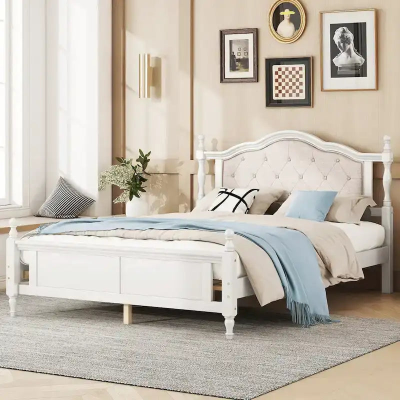 Queen Size Bed with Upholstered Headboard and Footboard, with Two Bed Rail Support Feet and Central Platform Support Feet