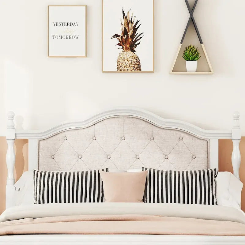 Queen Size Bed with Upholstered Headboard and Footboard, with Two Bed Rail Support Feet and Central Platform Support Feet