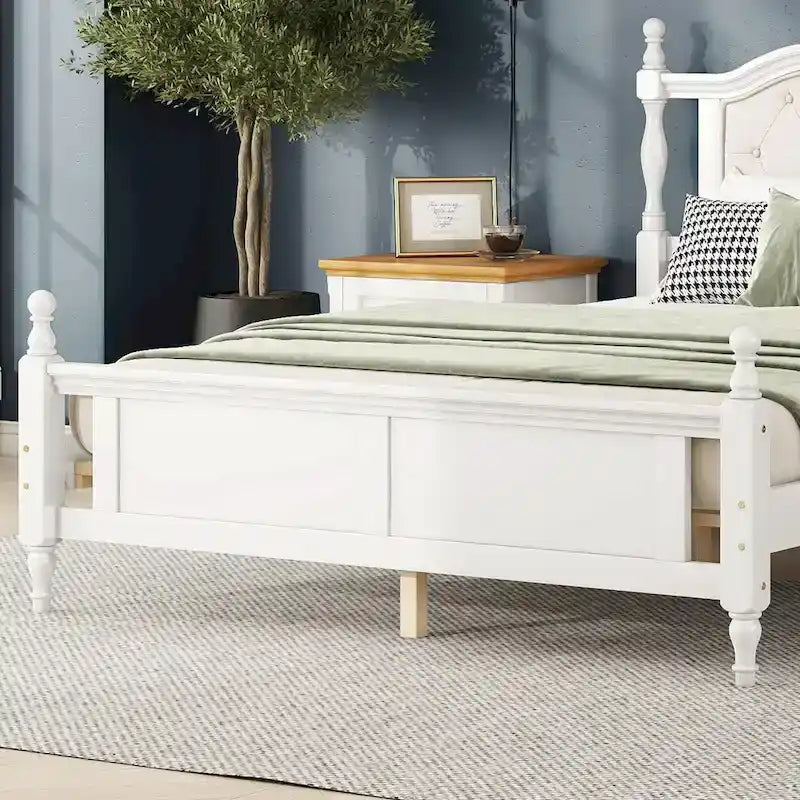 Queen Size Bed with Upholstered Headboard and Footboard, with Two Bed Rail Support Feet and Central Platform Support Feet
