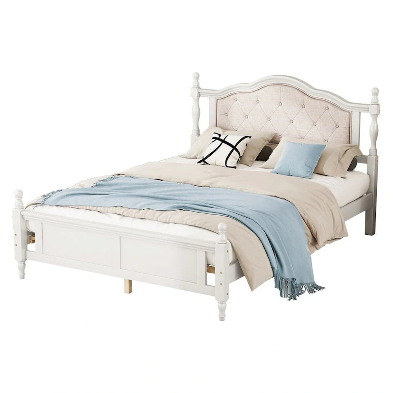 Queen Size Bed with Upholstered Headboard and Footboard, with Two Bed Rail Support Feet and Central Platform Support Feet