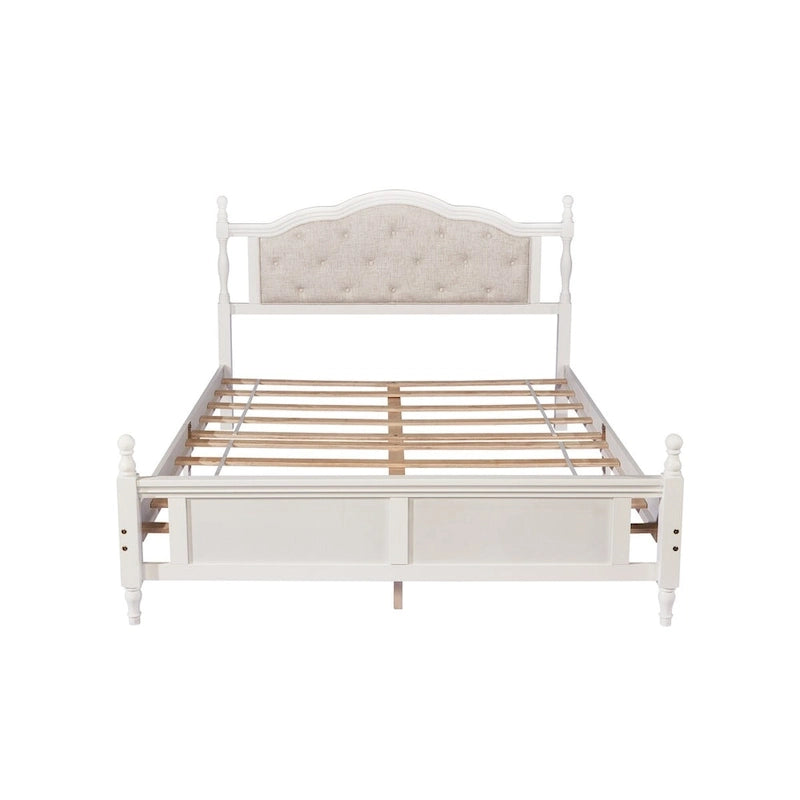 Queen Size Bed with Upholstered Headboard and Footboard, with Two Bed Rail Support Feet and Central Platform Support Feet