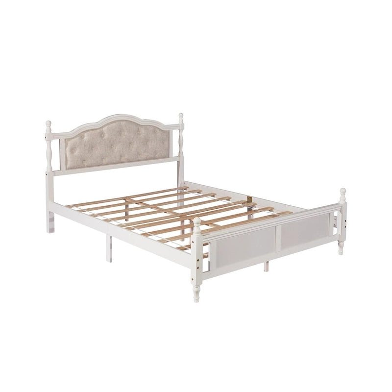 Queen Size Bed with Upholstered Headboard and Footboard, with Two Bed Rail Support Feet and Central Platform Support Feet
