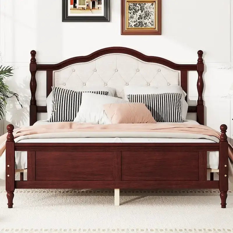 Queen Size Bed with Upholstered Headboard and Footboard, with Two Bed Rail Support Feet and Central Platform Support Feet