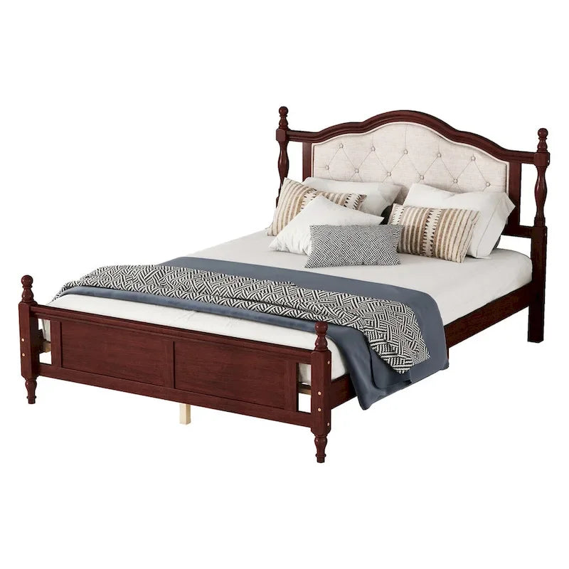 Queen Size Bed with Upholstered Headboard and Footboard, with Two Bed Rail Support Feet and Central Platform Support Feet