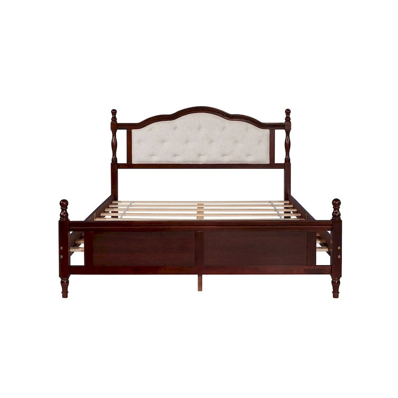 Queen Size Bed with Upholstered Headboard and Footboard, with Two Bed Rail Support Feet and Central Platform Support Feet