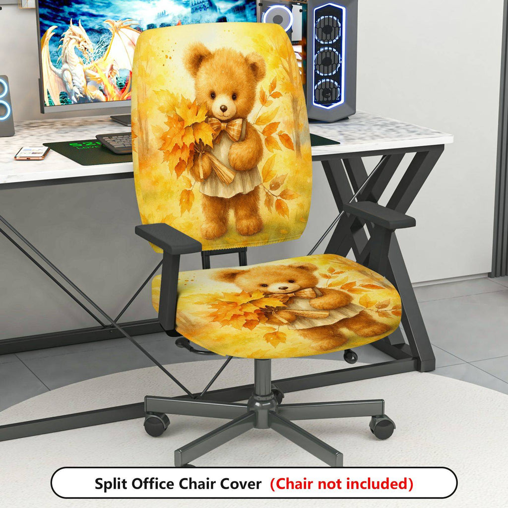 2-Piece Autumn Cute Bear Leaves Decorative  Computer Chair Cover Set, Seat and Backrest