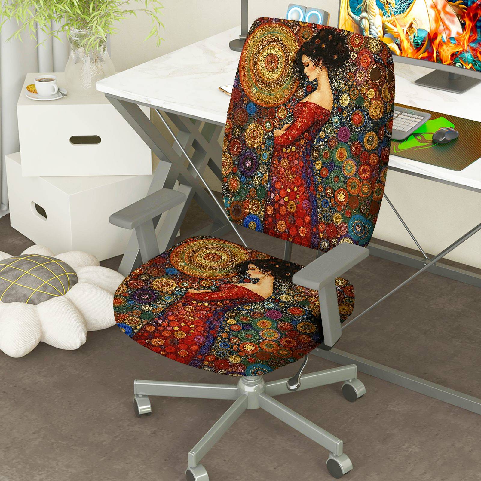 2-Piece Artistic Abstract Colorful Lady Pattern  Computer Chair Cover Set, Seat and Backrest