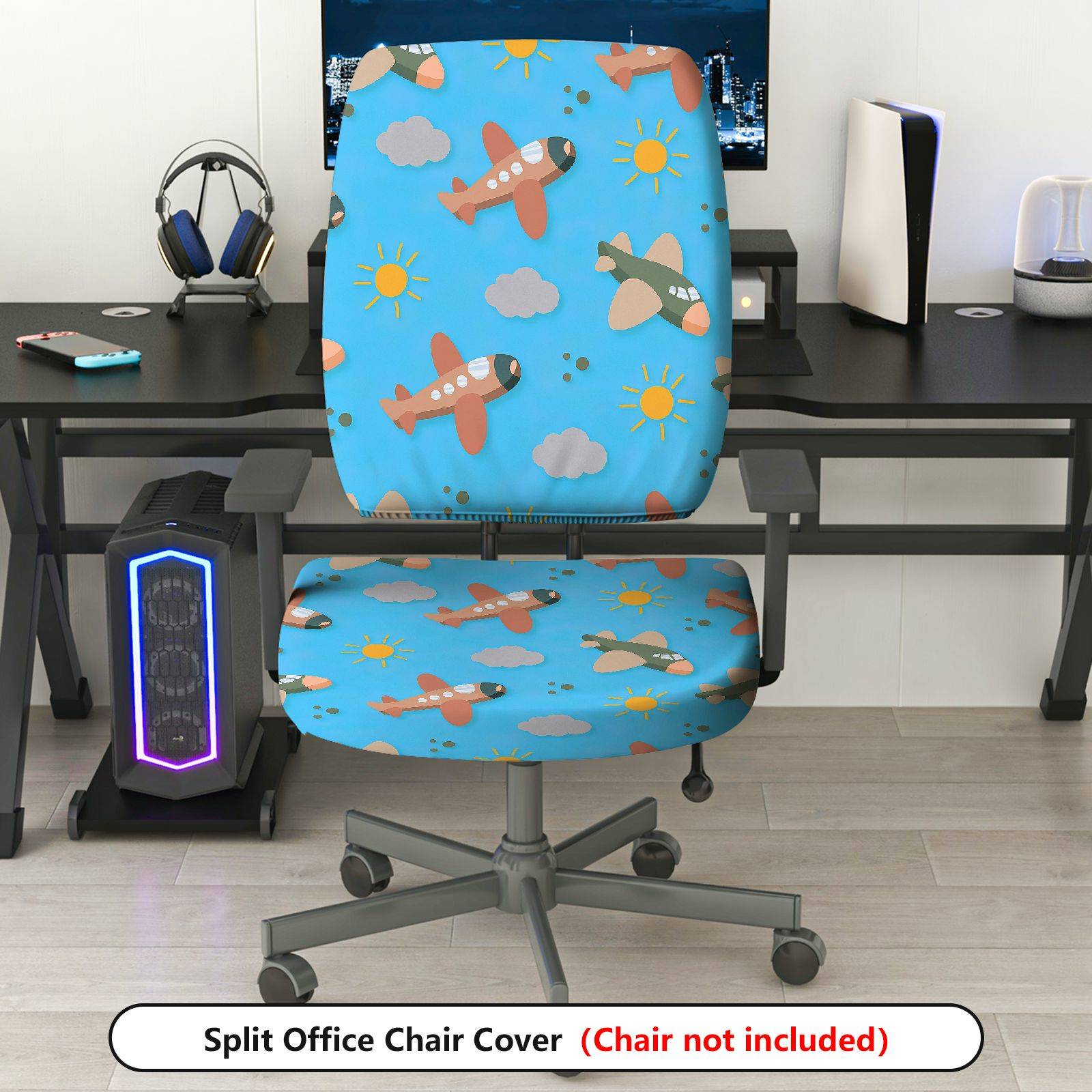 2-Piece Airplane Pattern Blue Cloud Sun Sky  Computer Chair Cover Set, Seat and Backrest