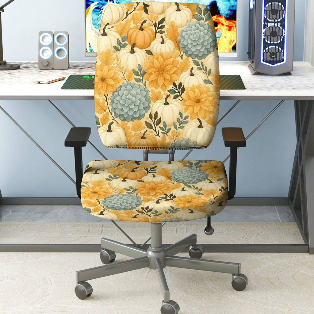 2-Piece Autumn Thanksgiving Floral Pumpkin Succulent  Computer Chair Cover Set, Seat and Backrest
