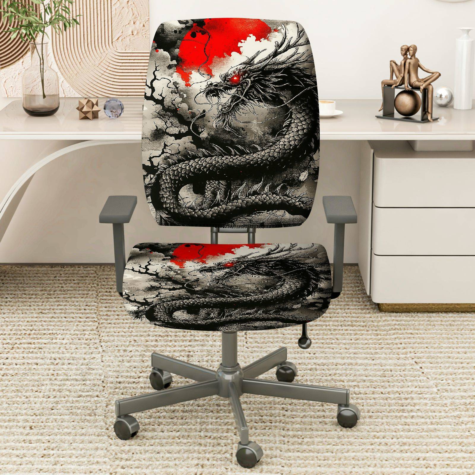 2-Piece Dragon Mythical Red Black Magic Art  Computer Chair Cover Set, Seat and Backrest