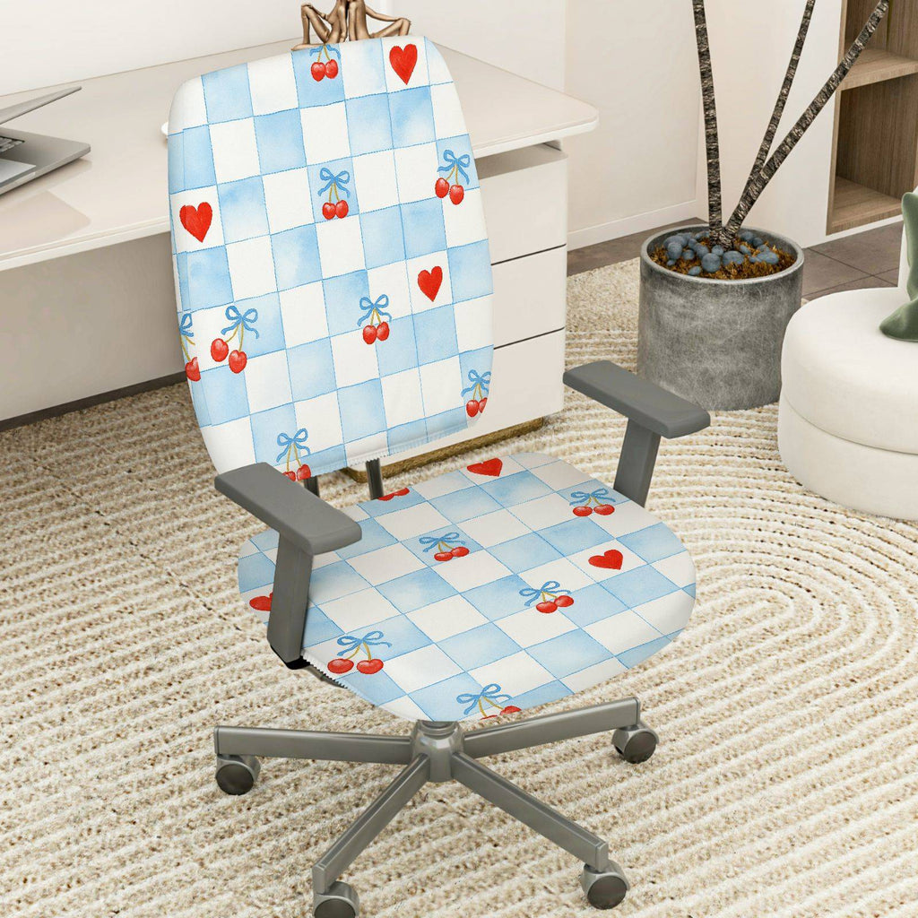 2-Piece Red Heart Cherry Bowknot Plaid  Computer Chair Cover Set, Seat and Backrest