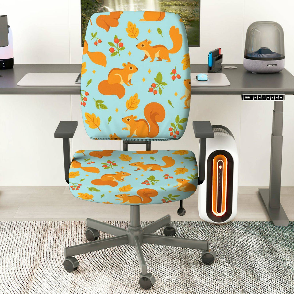 2-Piece Autumn Squirrel Leaves Berry  Computer Chair Cover Set, Seat and Backrest