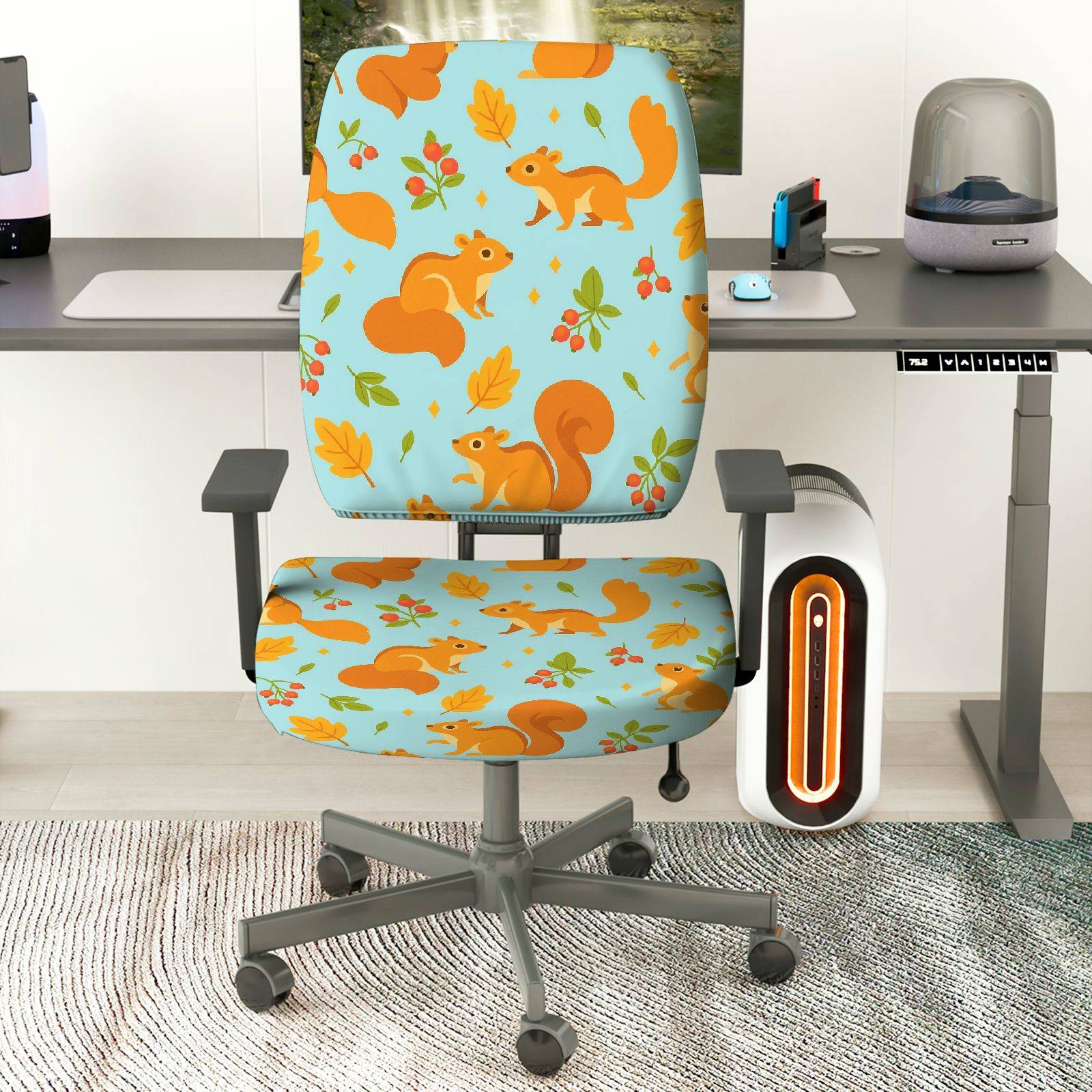 2-Piece Autumn Squirrel Leaves Berry  Computer Chair Cover Set, Seat and Backrest