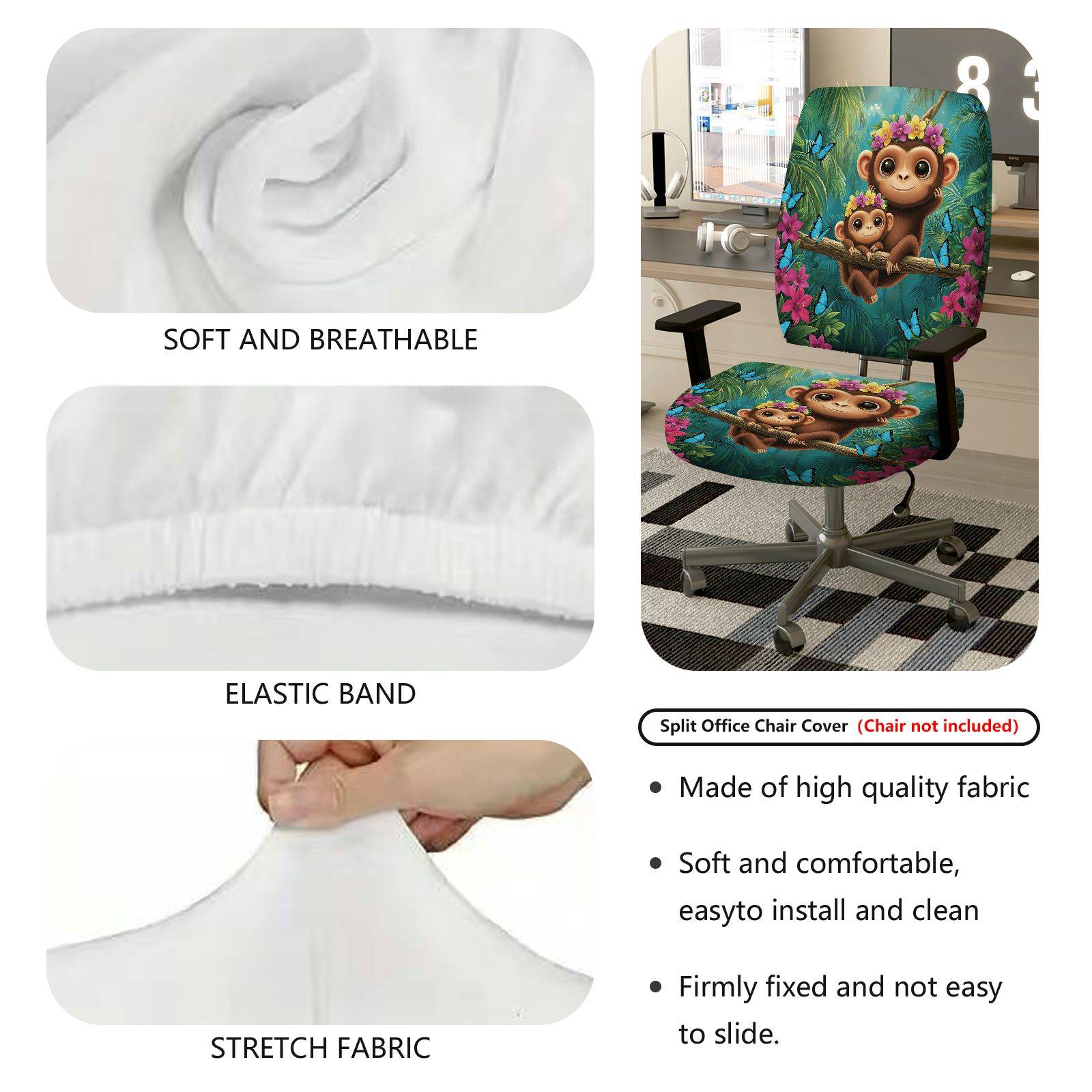 2-Piece Monkey Jungle Floral Butterfly Animal  Computer Chair Cover Set, Seat and Backrest