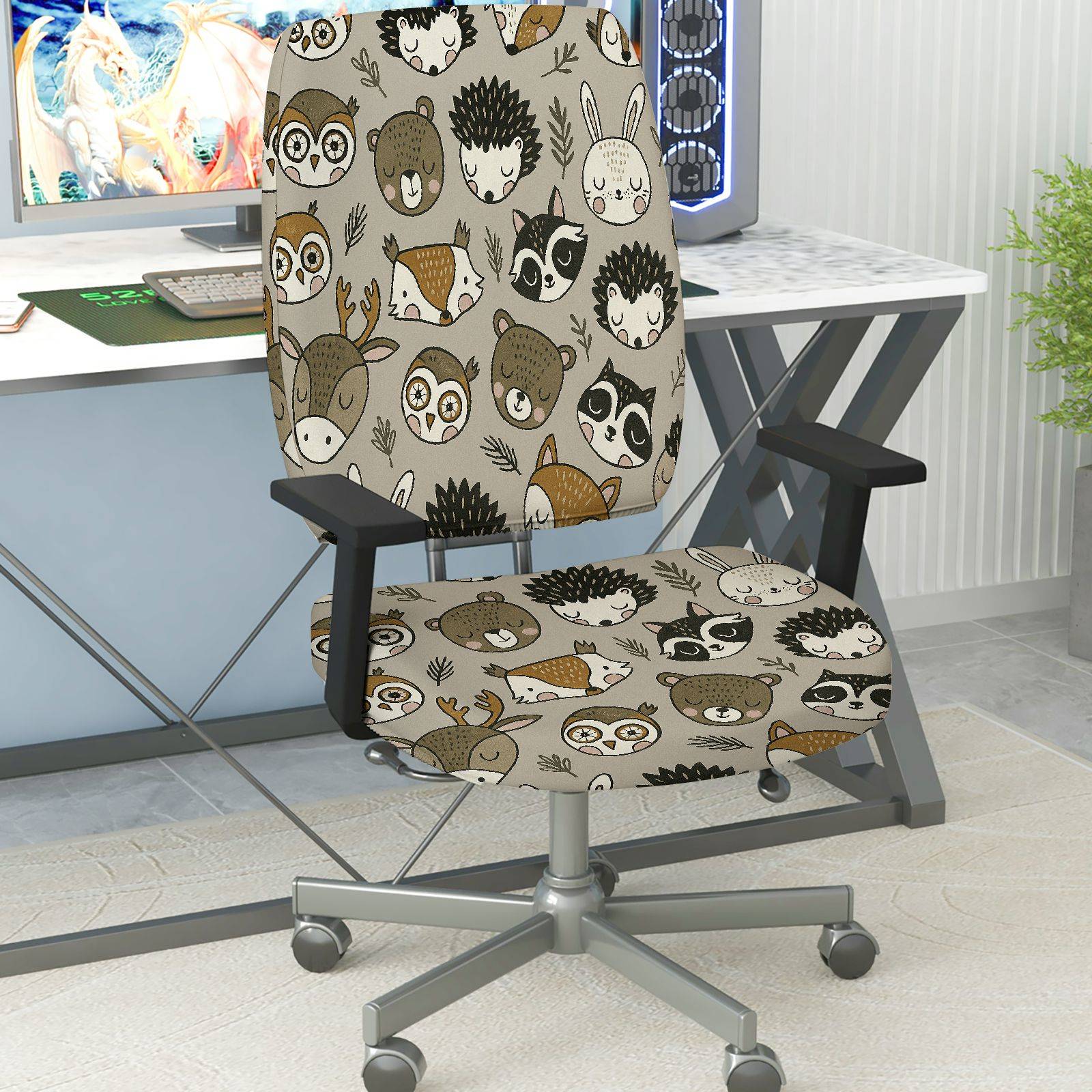 2-Piece Animal Woodland Forest Fun  Computer Chair Cover Set, Seat and Backrest