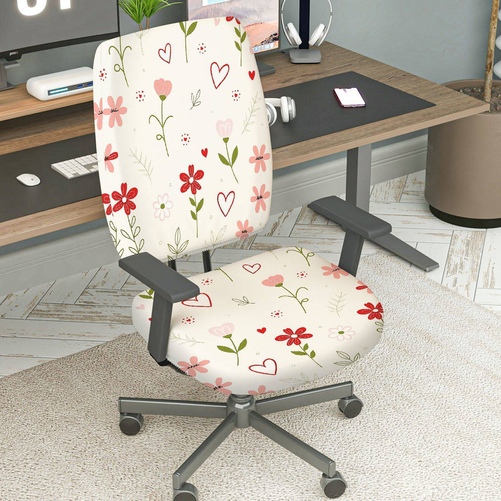 2-Piece Floral Heart Pattern Pink Red Green  Computer Chair Cover Set, Seat and Backrest