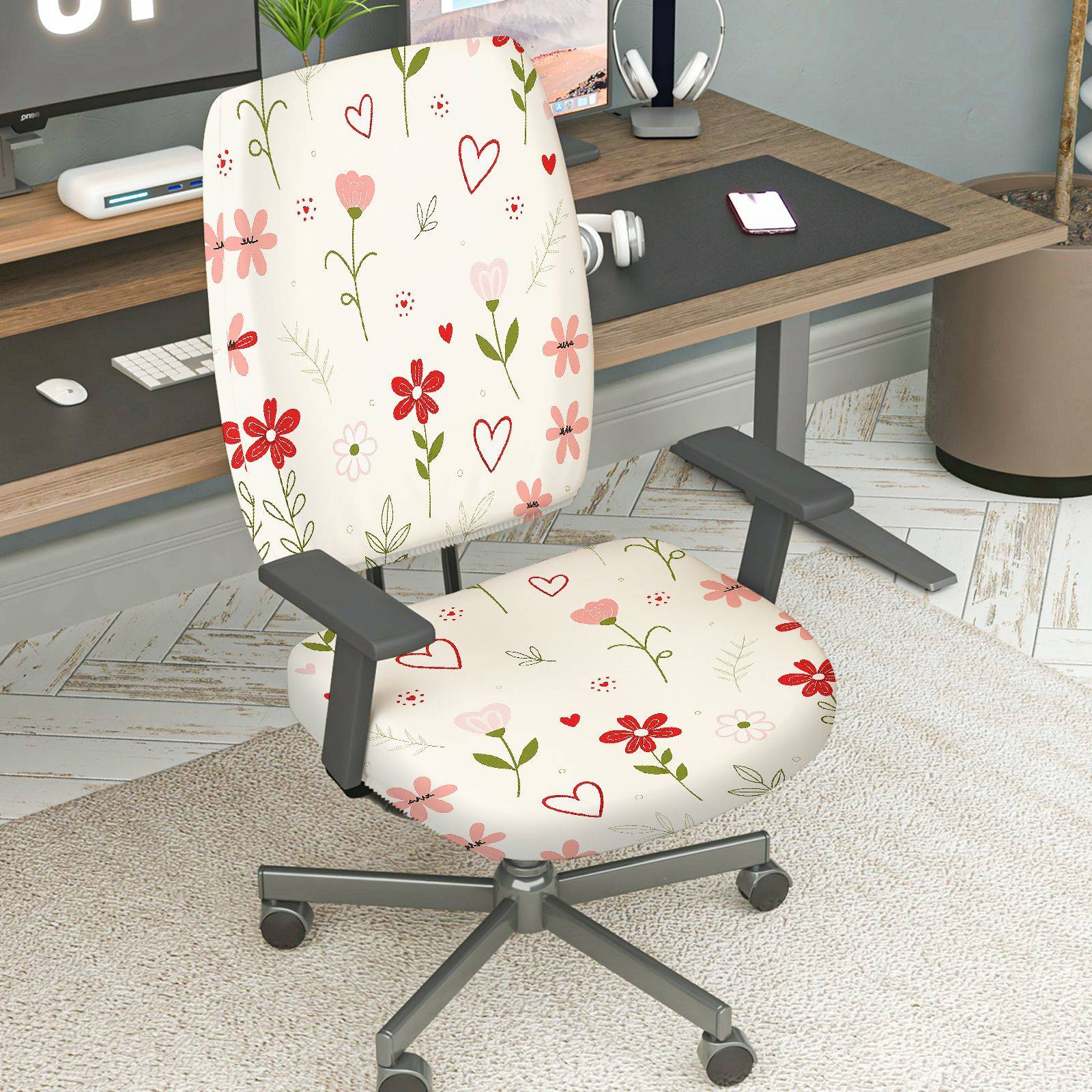 2-Piece Floral Heart Pattern Pink Red Green  Computer Chair Cover Set, Seat and Backrest