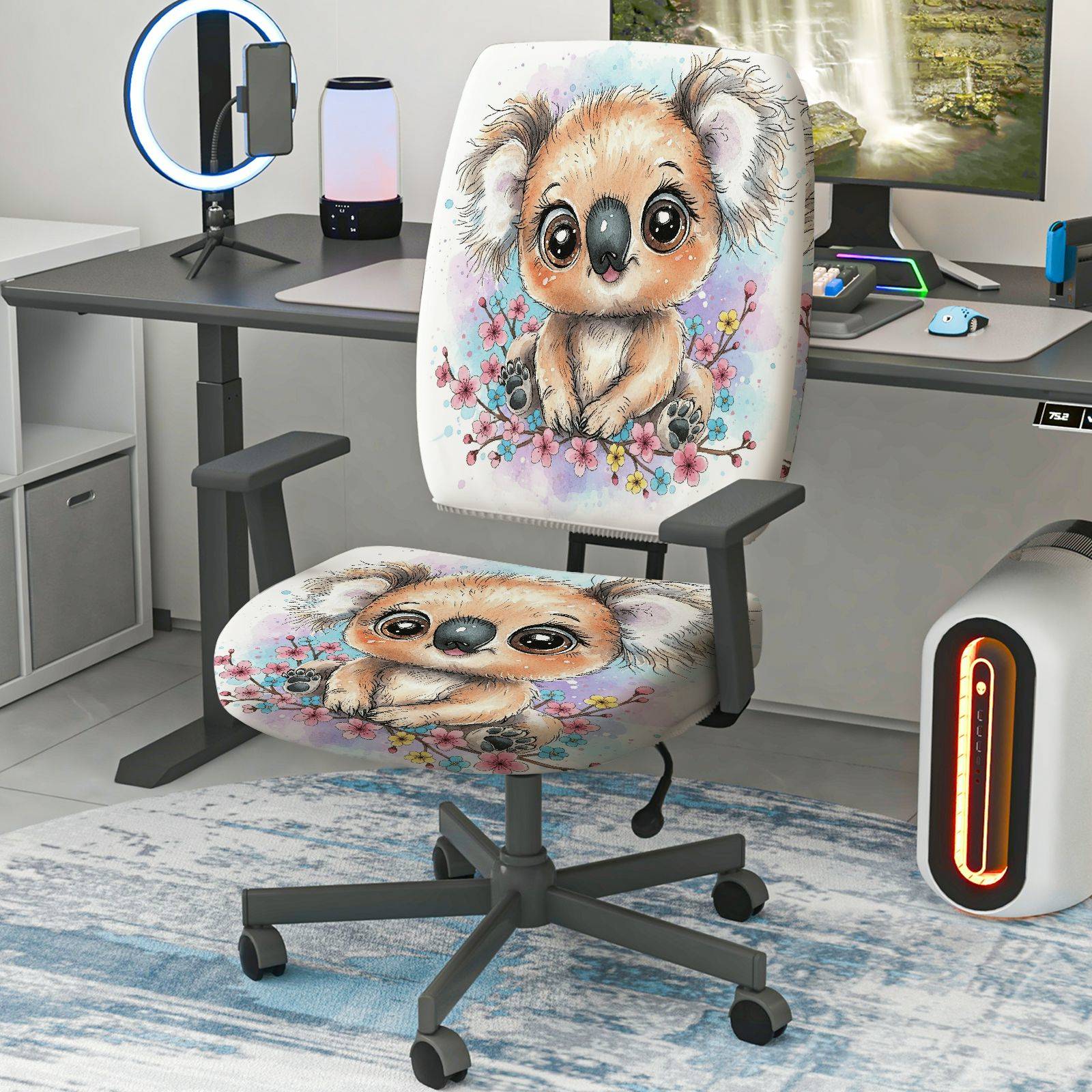 2-Piece Cute Koala Floral Animal  Computer Chair Cover Set, Seat and Backrest