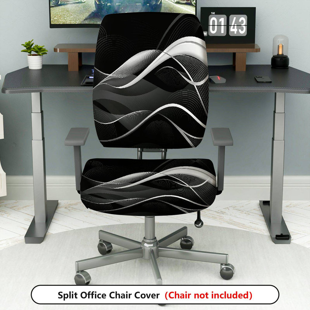 2-Piece Modern Abstract Geometric Black White Wave  Computer Chair Cover Set, Seat and Backrest