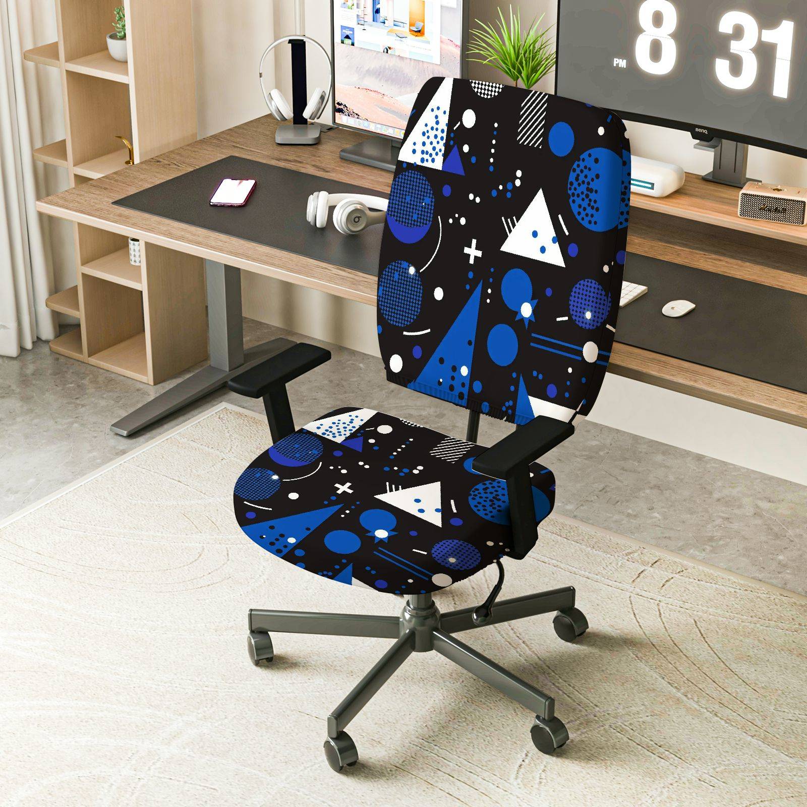 2-Piece Geometric Blue Black White Modern Minimalist Abstract  Computer Chair Cover Set, Seat and Backrest