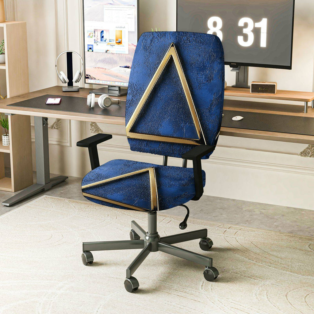 2-Piece Geometric Design Modern Blue Gold Triangle  Computer Chair Cover Set, Seat and Backrest
