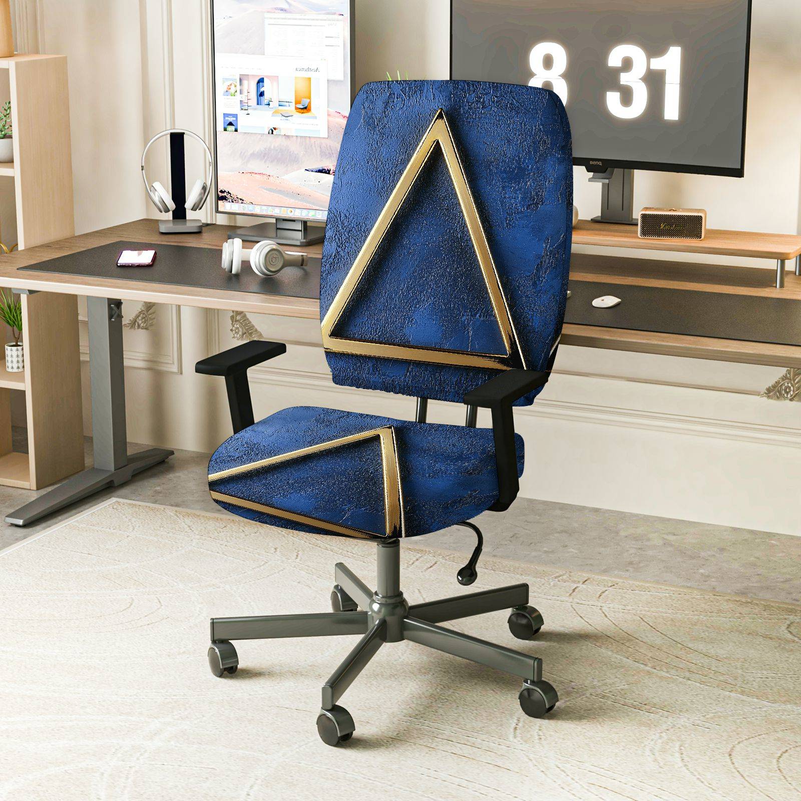 2-Piece Geometric Design Modern Blue Gold Triangle  Computer Chair Cover Set, Seat and Backrest