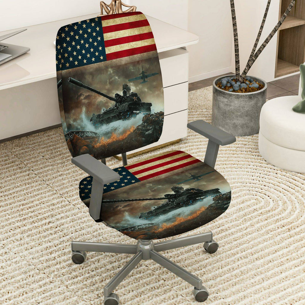 2-Piece American Flag Army Tank Battle Airplane  Computer Chair Cover Set, Seat and Backrest