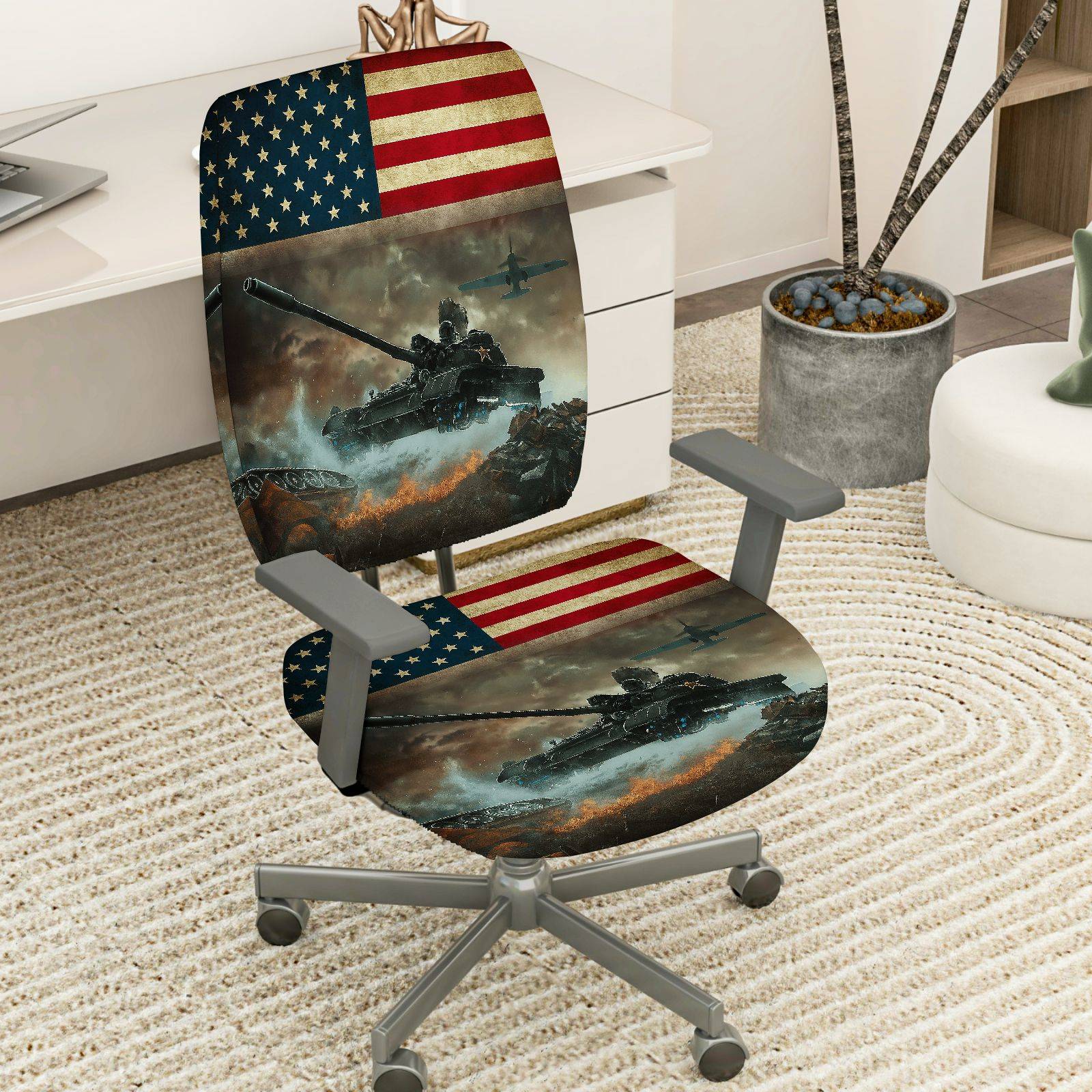 2-Piece American Flag Army Tank Battle Airplane  Computer Chair Cover Set, Seat and Backrest