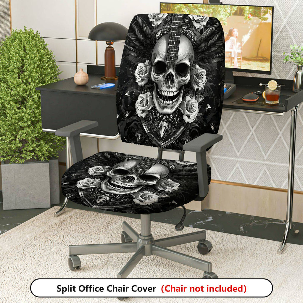 2-Piece Gothic Rose Guitar Black White Printed  Computer Chair Cover Set, Seat and Backrest