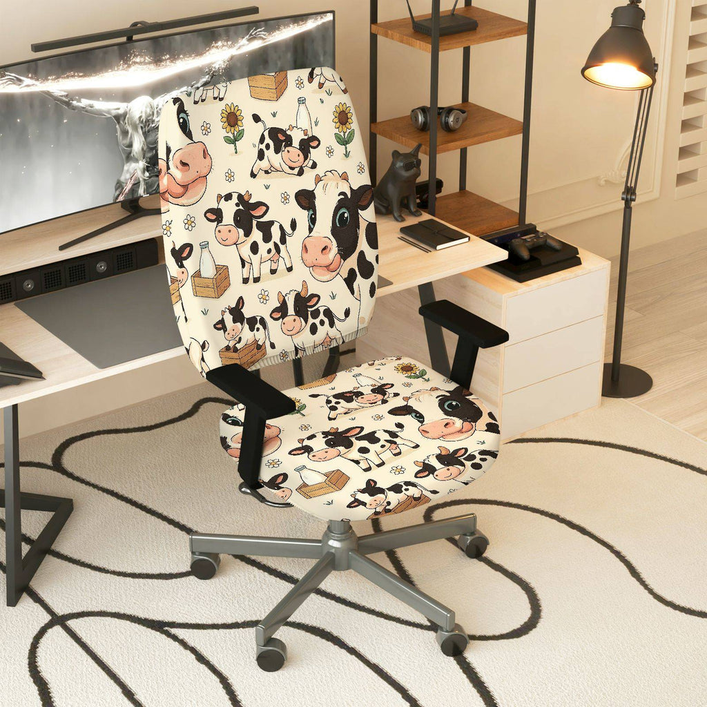 2-Piece Animal Farm Cow Design  Computer Chair Cover Set, Seat and Backrest