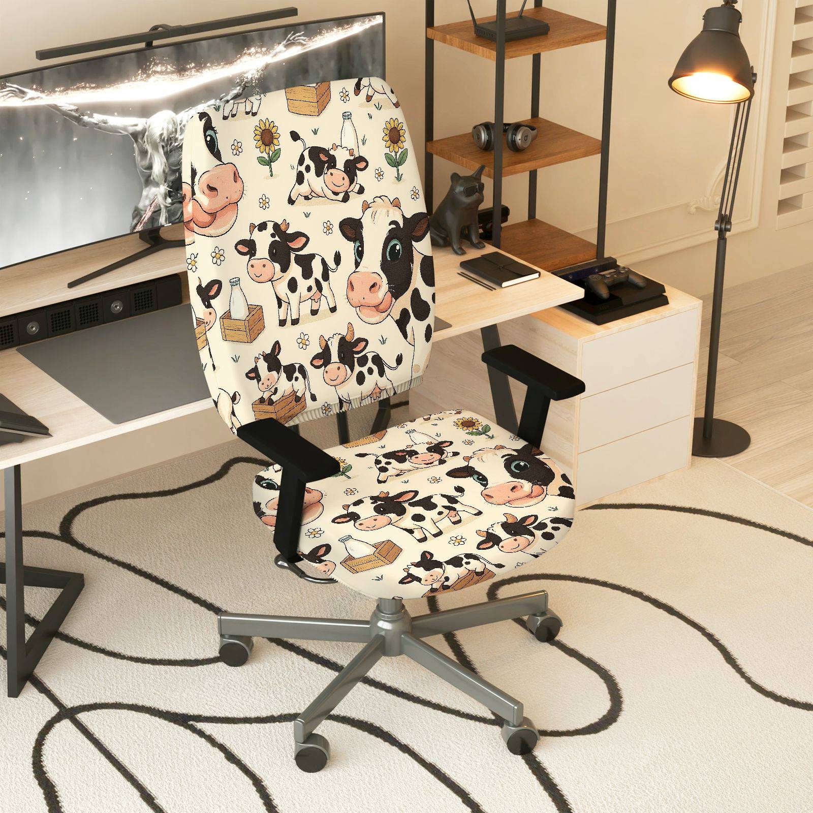 2-Piece Animal Farm Cow Design  Computer Chair Cover Set, Seat and Backrest