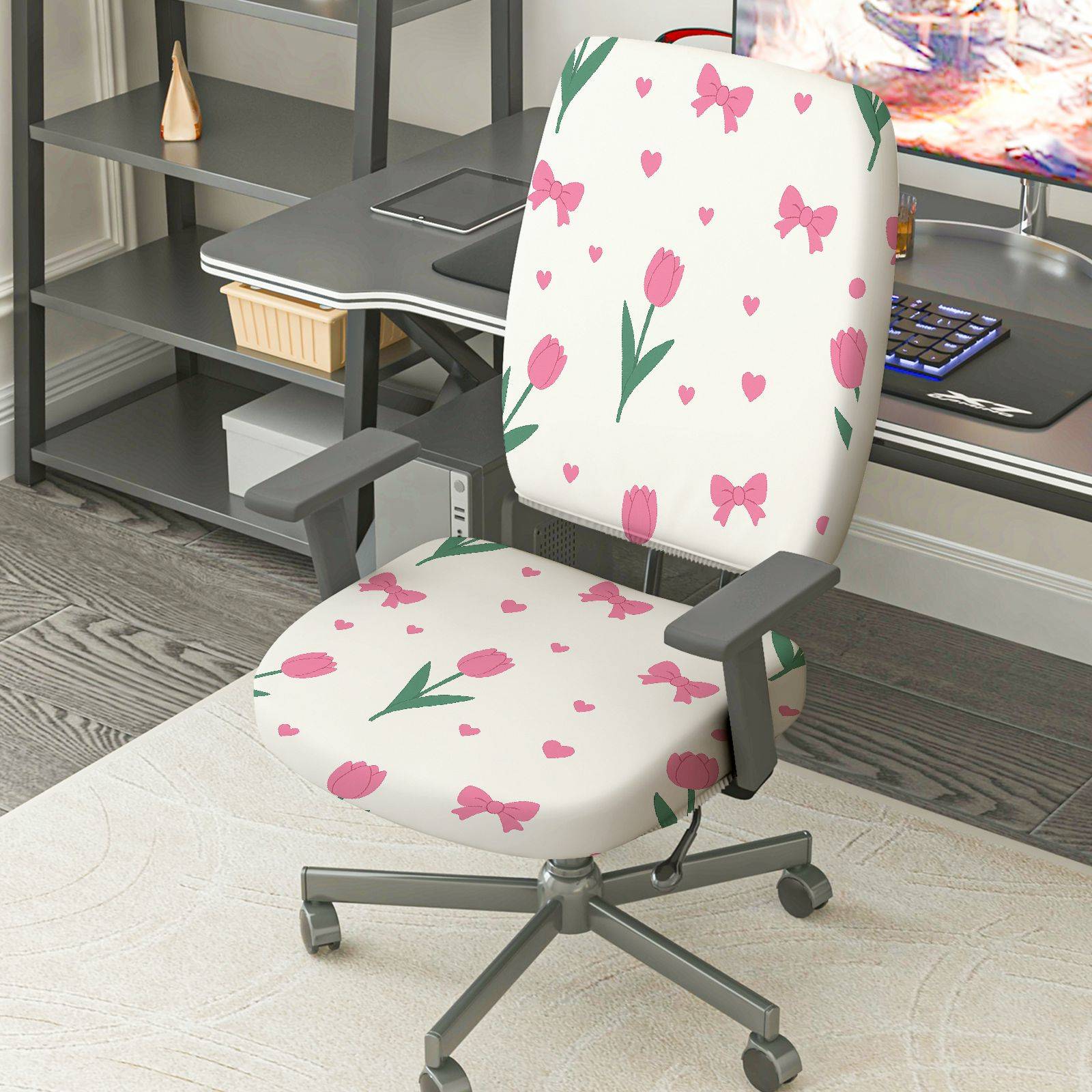2-Piece Pink Flower Heart Ribbon Tulip Pattern  Computer Chair Cover Set, Seat and Backrest
