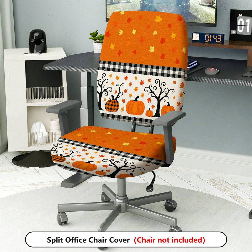 2-Piece Autumn Halloween Pumpkin Leaf Checkered  Computer Chair Cover Set, Seat and Backrest