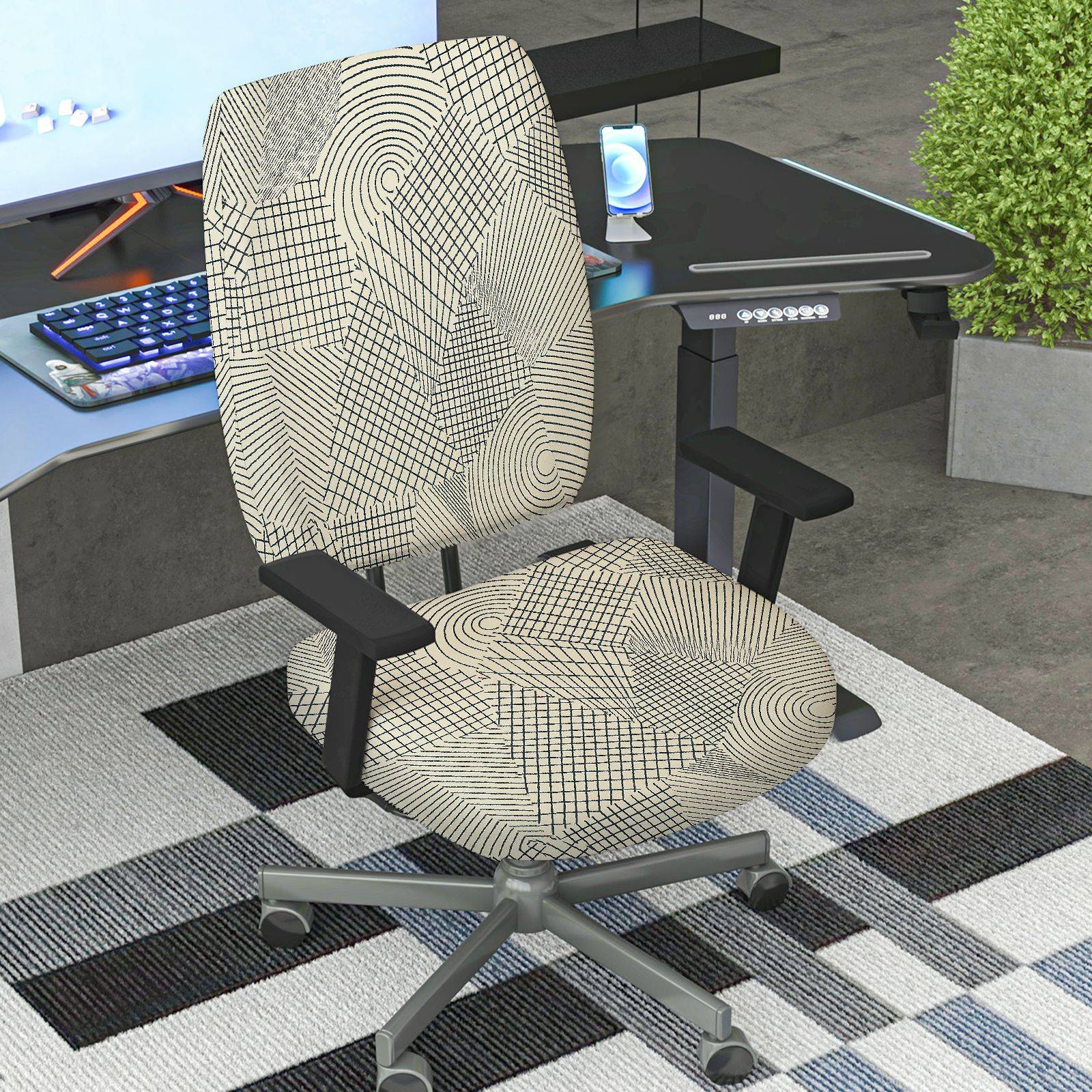 2-Piece Geometric Pattern Modern Design  Computer Chair Cover Set, Seat and Backrest