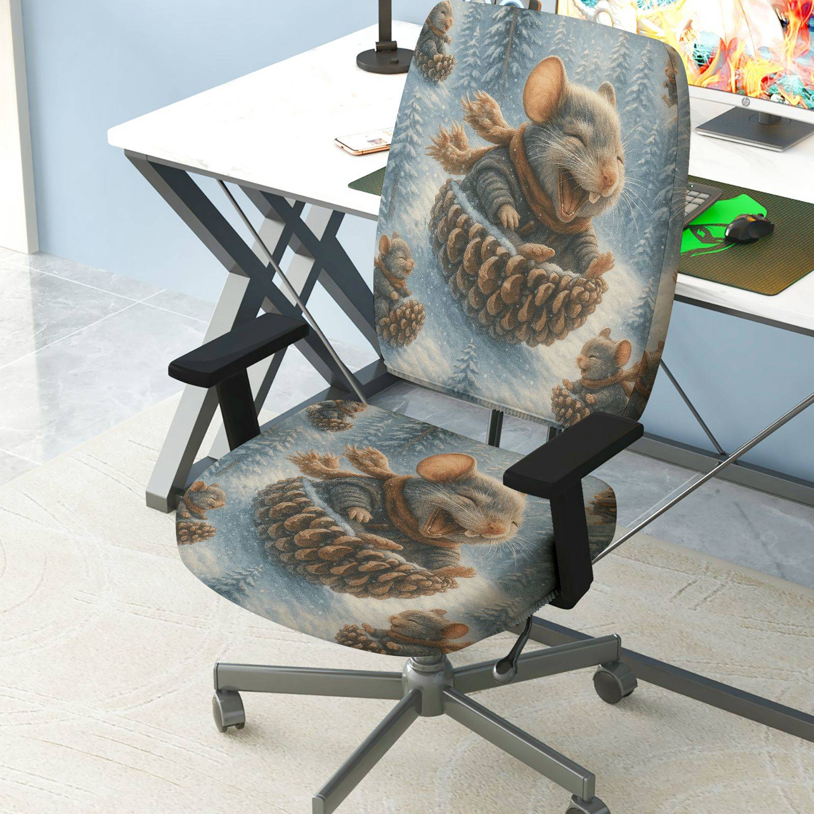 2-Piece Animal Winter Festive Decorative Cozy  Computer Chair Cover Set, Seat and Backrest