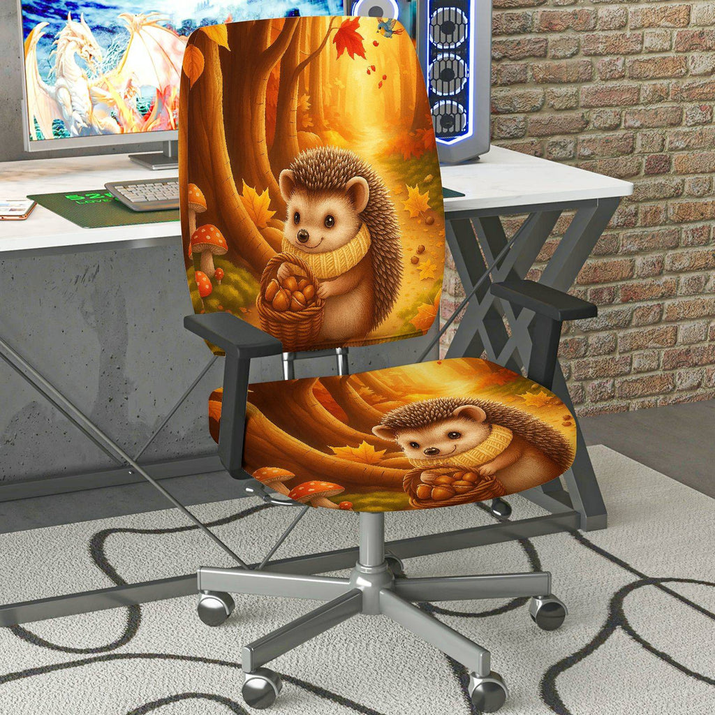 2-Piece Autumn Hedgehog Forest Leaves Harvest  Computer Chair Cover Set, Seat and Backrest